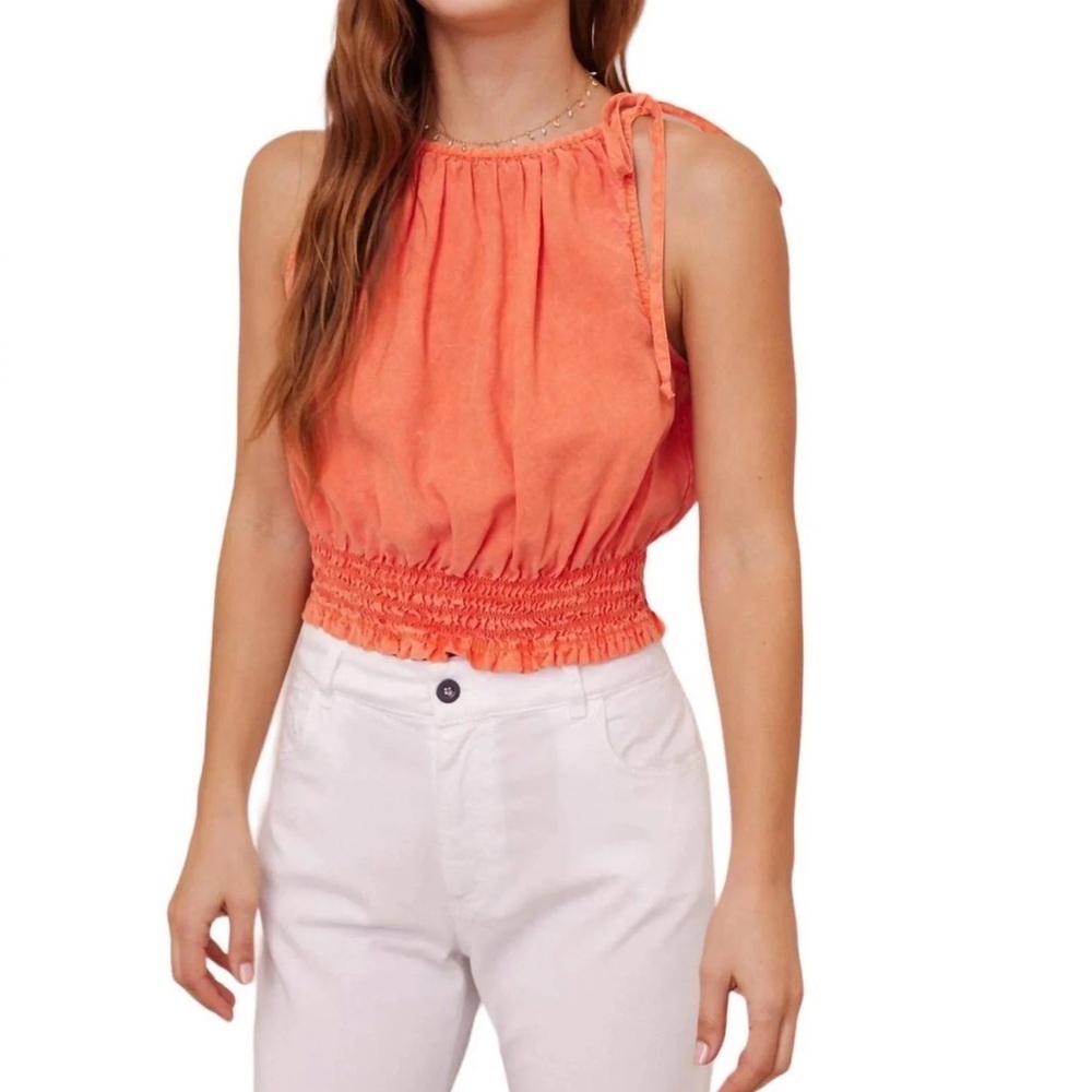 NWT Bella Dahl Smocked Waist Tie Neck Top medium Mandarin Orange